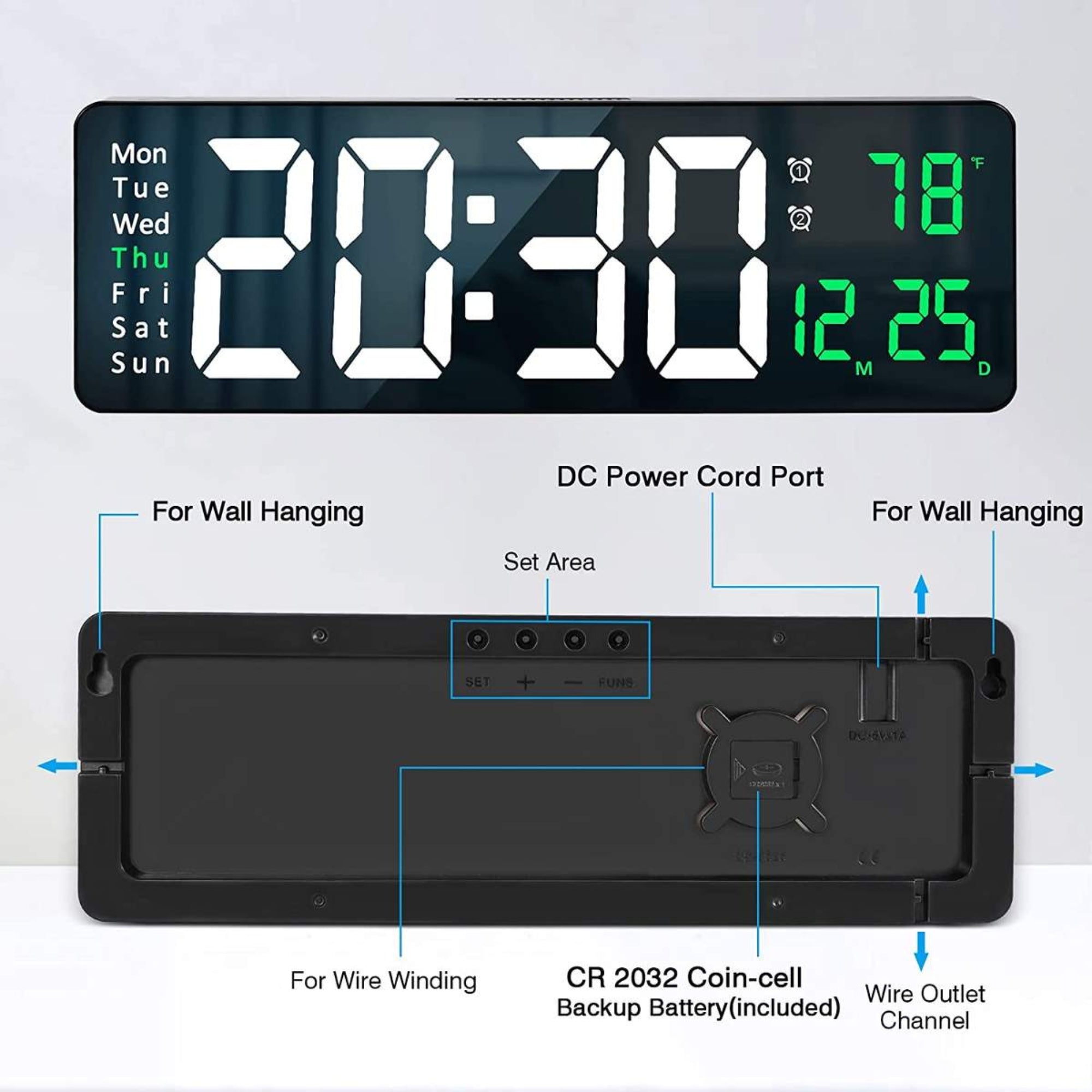 16 inh Large LED Digital Wall Clock Remote Control Temp Date Week Display Memory Table Wall-mounted Dual Electronic Alarms Clocks