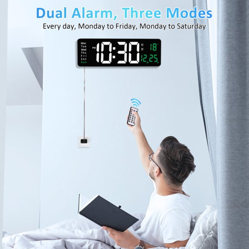 16 inh Large LED Digital Wall Clock Remote Control Temp Date Week Display Memory Table Wall-mounted Dual Electronic Alarms Clocks