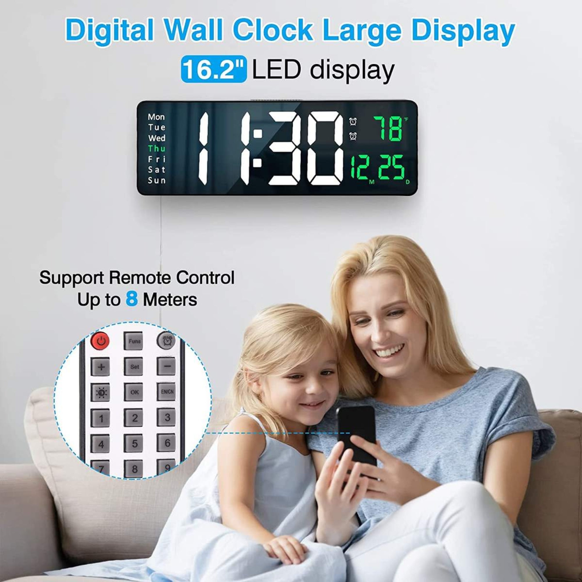16 inh Large LED Digital Wall Clock Remote Control Temp Date Week Display Memory Table Wall-mounted Dual Electronic Alarms Clocks