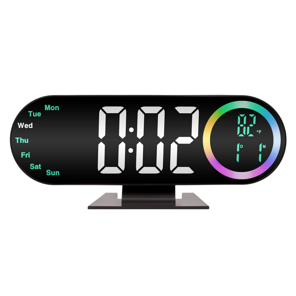 LED Digital Table Desk Mirror Alarm Clock with Date Week Temperature Display Colorful Ambient Nightlight