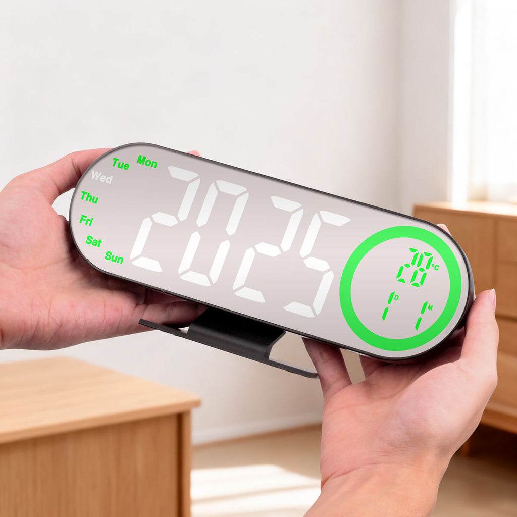 LED Digital Table Desk Mirror Alarm Clock with Date Week Temperature Display Colorful Ambient Nightlight