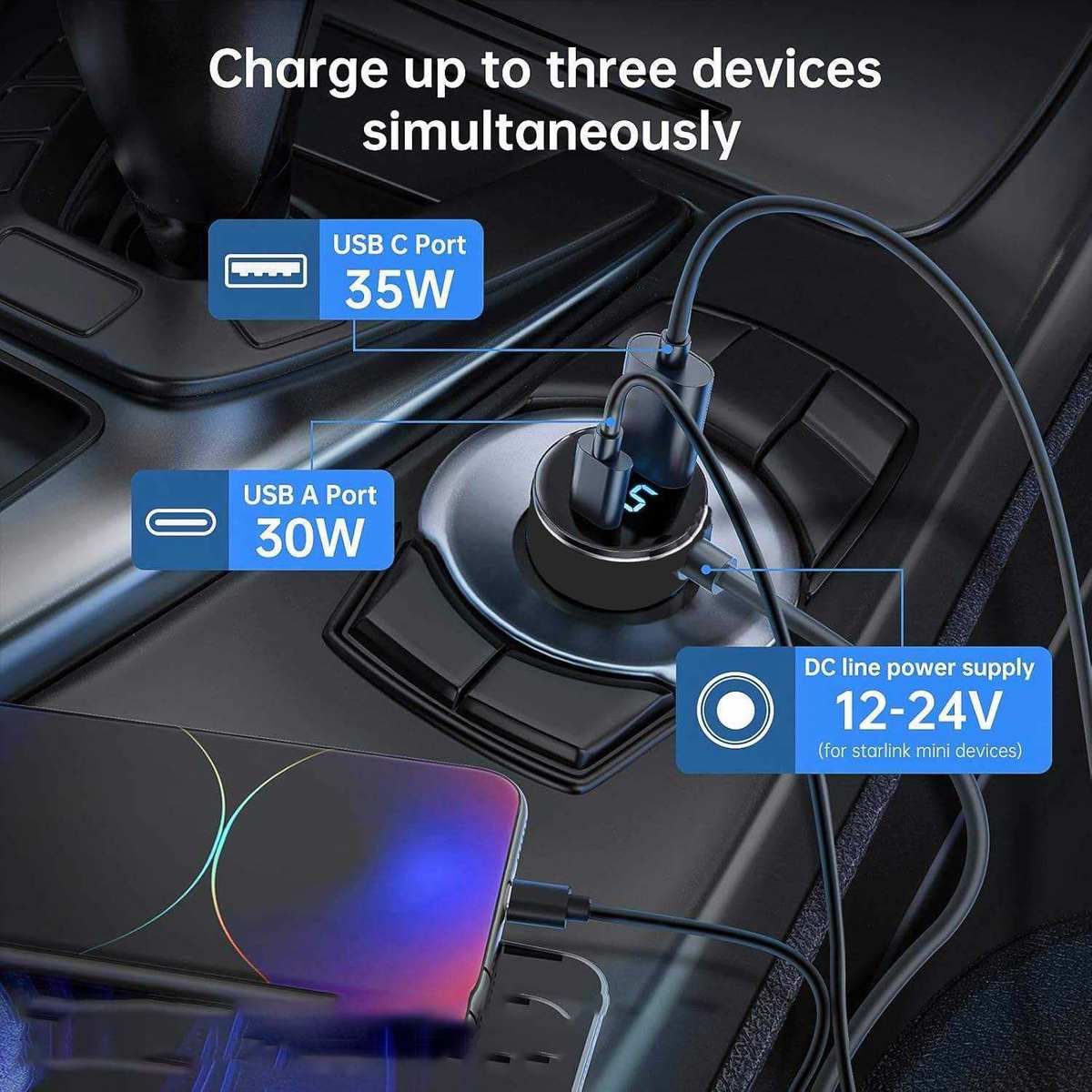 For Starlink Mini Car Charger DC Power Cable Cigarette Lighter 12V-48V with Digital Display Durable USB-C 140W USB-A 35W Ports