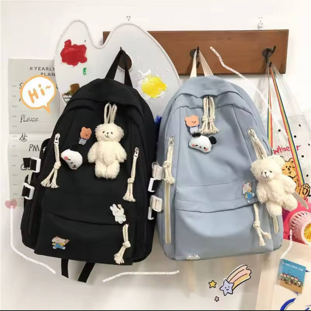 New Korean Style Cute Girls Backpack – High Quality Schoolbag for High School & College Students with Bear Keychain & Cartoon Pins