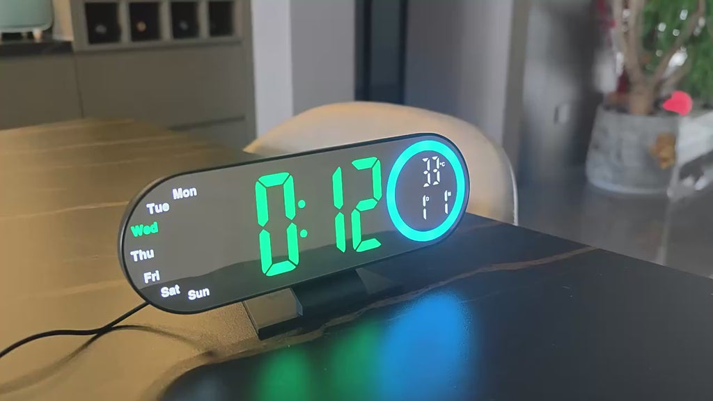 LED Digital Table Desk Mirror Alarm Clock with Date Week Temperature Display Colorful Ambient Nightlight